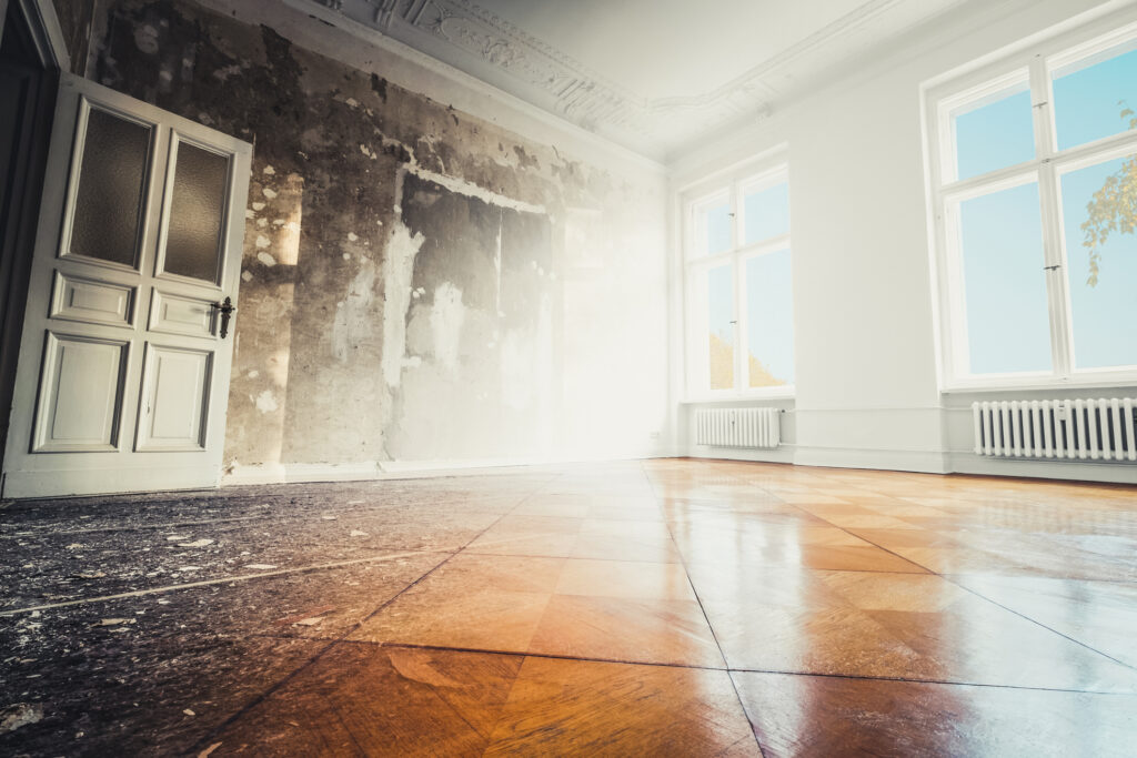 Empty room before and after refurbishment or restoration